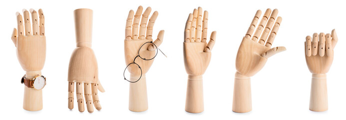 Set of wooden hand on white background