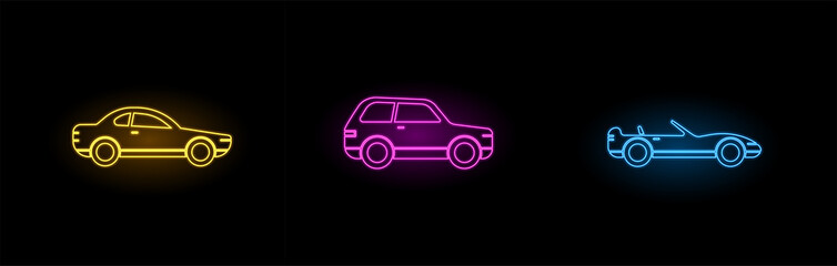 Fototapeta na wymiar Neon Car Icons Set. Three Different Cars. Electric Neon Color.