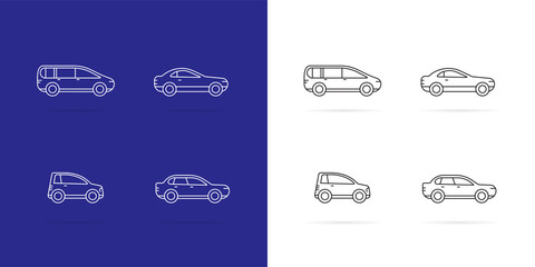 Cars icons Set. White lines style on dark and white background.