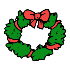Christmas wreath. hand-drawn doodle-style round wreath of green spruce with a red ribbon tied with a bow, with a black outline on a white background for a design template