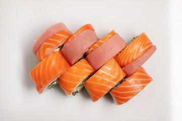 Sushi with salmon. Traditional Japanese cuisine. Top view.