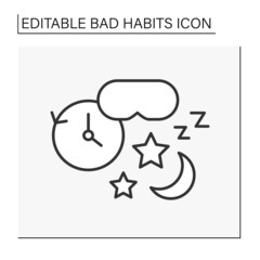 Sleep addiction line icon. Obsession with sleeping or have an intense desire to stay in bed. Clinomania.Bad habits concept. Isolated vector illustration. Editable stroke