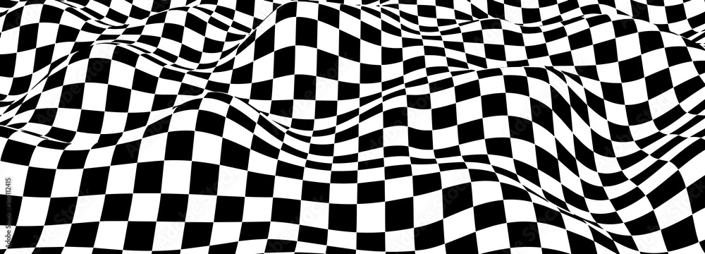 Poster abstract landscape of black and white squares. optical illusion wave. distortion effect. vector illu