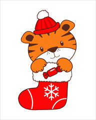 Christmas tiger in a boot.Vector Set of Cute Cartoon Christmas socks.