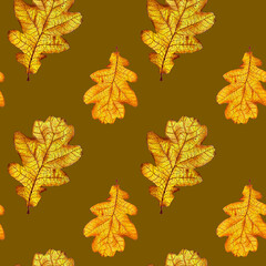 Oak leaves on a mustard background drawn with markers. For fabric, sketchbook, wallpaper, wrapping paper.