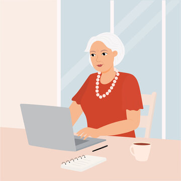 A business granny with a laptop. A happy elderly woman works, communicates, watches videos, vector illustration.