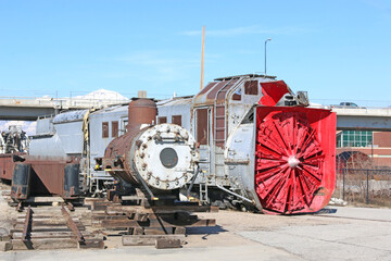 Vintage train engine and snow plough in Ogden Station, Utah	