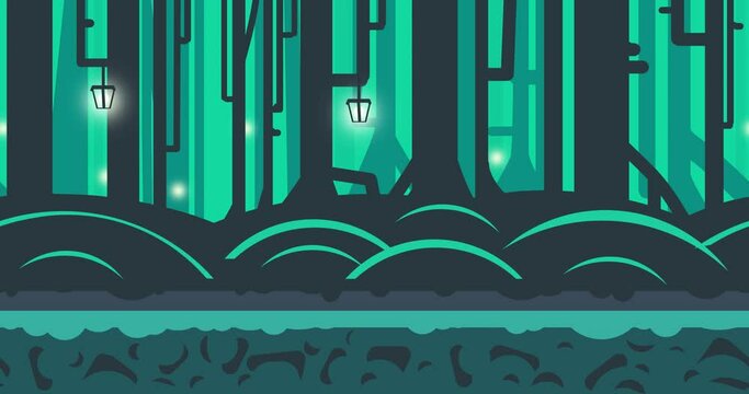 seamless animated game background with parallax effect. forest, mountains, website, design, sky, clouds. moving landscape, flat graphics. looped video.	