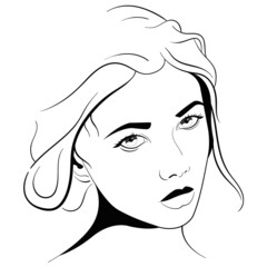 Portrait of a beautiful girl in vector illustration (hand-drawing). Closeup of beautiful young female model with soft smooth skin. Illustration for magazine, background or logotype.
