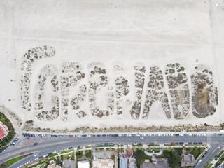 Aerial view of Coronado Sand Dune Secret Message on Coronado Island, San Diego, California, USA.
