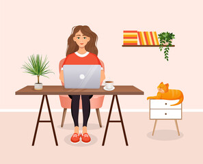 Fototapeta na wymiar Woman sits at a table, works at home at a computer. Remote work, freelance, home office, programming, training. Cozy working interior with a cat. Vector illustration