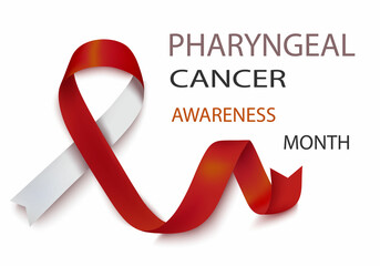 Vector illustration of pharyngeal cancer awareness tape, isolated on a white background. Realistic vector red and white silk ribbon with loop.Poster design
