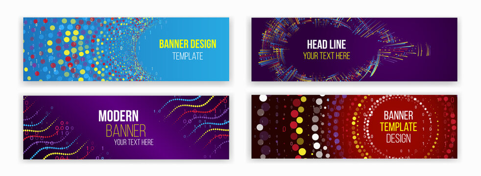 Abstract web design banner. Modern graphic template for websites. Big data visualization. Filtering machine algorithms. Sorting data. Abstract stream information with ball array and binary code.