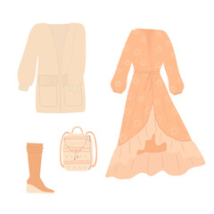 Boho style outfit, a set of clothes in a fashionable style. Dress with flounces, cardigan, boots and backpack for design, vector illustration.