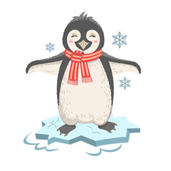 Funny penguin on an ice floe cartoon vector illustration. Cute pet northern animal. Children's picture for textiles, prints, T-shirts, souvenirs.