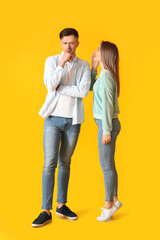 Gossiping people on color background