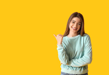 Gossiping woman on color background