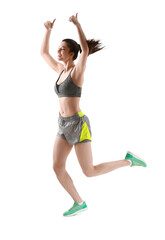 Sporty running woman on white background