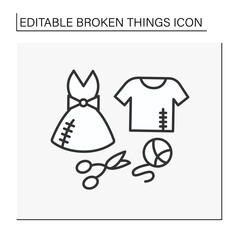 Clothing line icon. Torn clothes. Lacerated t-shirt and dress. Repair by needle and thread. Damaged apparel. Broken things concept. Isolated vector illustration. Editable stroke