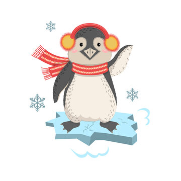 Funny penguin with earmuffs on an ice floe waving. Cute pet. Baby picture for textiles, prints, t-shirts, souvenirs. Vector illustration.