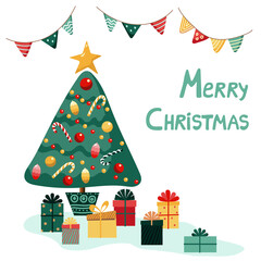 Vector Christmas card with Christmas tree, gift boxes and flags. Background for cards, posters, invitations and stationery.