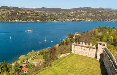 Top view of Lake Maggiore from the Rocca Borromeo di Angera castle, province of Varese, Italy