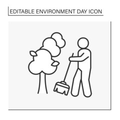 Nature line icon. Cleaning territory. Caring for the planet.Man with broom sweeps. Environment day concept. Isolated vector illustration. Editable stroke