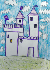 A castle drawn by a child with a pen, pencil and felt-tip pen.