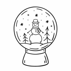 Glass snow globe isolated on white background. Christmas toy decorated with a snowman, fir-trees and snowflakes inside. Vector hand-drawn illustration in doodle style. Perfect for holiday design, card