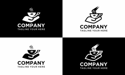 Coffee care vector logo design. Coffee cup and hand icon design vector template on a black and white background