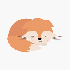 Scandinavian cute sleeping little fox, fox cub. Hand drawn vector element for nursery decoration, baby shower, birthday, children's party, poster, invitation, postcard, kids clothes