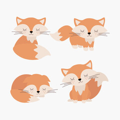 Scandinavian set of cute sleeping little foxes. Hand drawn vector elements for nursery decoration, baby shower, birthday, children's party, poster, invitation, postcard, kids clothes