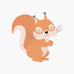 Scandinavian cute sleeping little squirrel. Hand drawn vector element for nursery decoration, baby shower, birthday, children's party, poster, invitation, postcard, kids clothes
