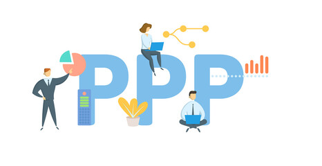 PPP, Public-Private Partnership. Concept with keyword, people and icons. Flat vector illustration. Isolated on white.