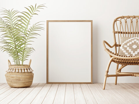 Standing vertical wooden frame mockup in warm neutral beige room interior with wicker armchair, boho pillow and palm plant in woven basket with tassels. Illustration, 3d rendering