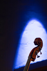 The neck, scroll and pugs seen of an acoustic double bass with a blue stage light hitting the wall...