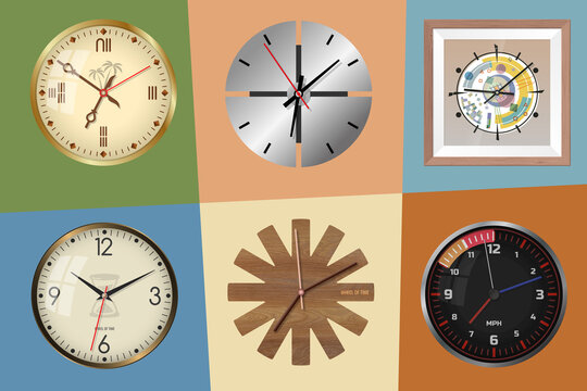 Decorative wall clocks. Set No. 2. Illustration with isolated chromatic background