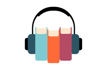 Audiobooks illustration. Color graphic with hard cover books and a headset. Flat design logo. Vector.