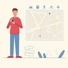 Man searching direction or location in the smartphone. Online map concept. GPS navigation with itinerary and red pinpoint. Icons of various means of transport. Mobile app for getting route.