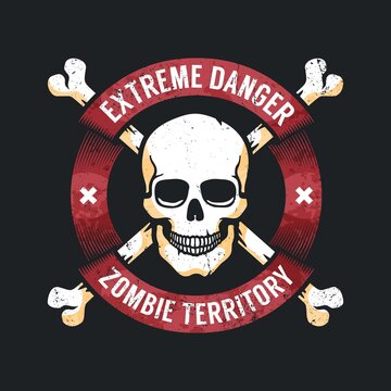 Skull and bones in round badge with ribbons. Jolly Roger retro sign of danger. Vector illustration.
