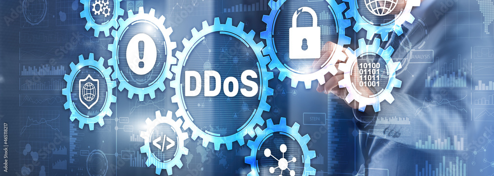 Poster man clicks on virtual screen with text ddos cyber attack