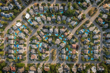 Fototapeta premium Top down aerial view of houses and streets in beautiful residential neighbourhood in Montreal, Quebec, Canada. Property, homes and real estate concept. 