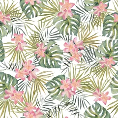 Selbstklebende Fototapeten Strelitzia, palm tree, monstera leaves. Tropical exotic bright seamless pattern. Watercolor hand made botanical print. On white background. For summer beach textile, wallpaper, wrapping paper. © NastiyaMaki