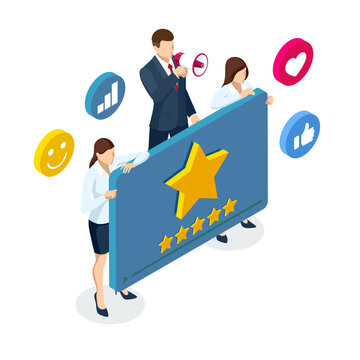 Isometric Feedback Consumer or Customer Review Evaluation Concept. Clients Choosing Satisfaction Rating and Leaving Positive Review, Feedback