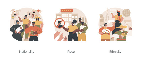 Human diversity abstract concept vector illustration set. Nationality, race and ethnicity, country of birth, passport, social difference, human rights, skin color, genetic code abstract metaphor.