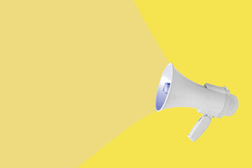 Minimal, aesthetic, abstract, creative scene with gray megaphone isolated on illuminating yellow background with copy space. Message card idea. Optimistic rhetoric loudspeaker concept.