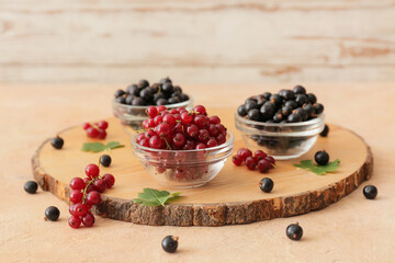 Bowls with tasty red and black currants on color background