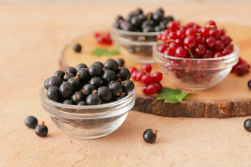 Bowls with tasty red and black currants on color background