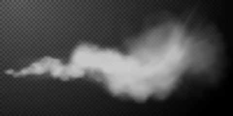 Poster Vector isolated smoke PNG. White smoke texture on a transparent black background. Special effect of steam, smoke, fog, clouds. © Виктория Проскурина