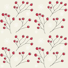 Red holly berries and snowflakes on beige background. Seamless background of twigs with berries and snow. For fabric, packaging or wallpaper.